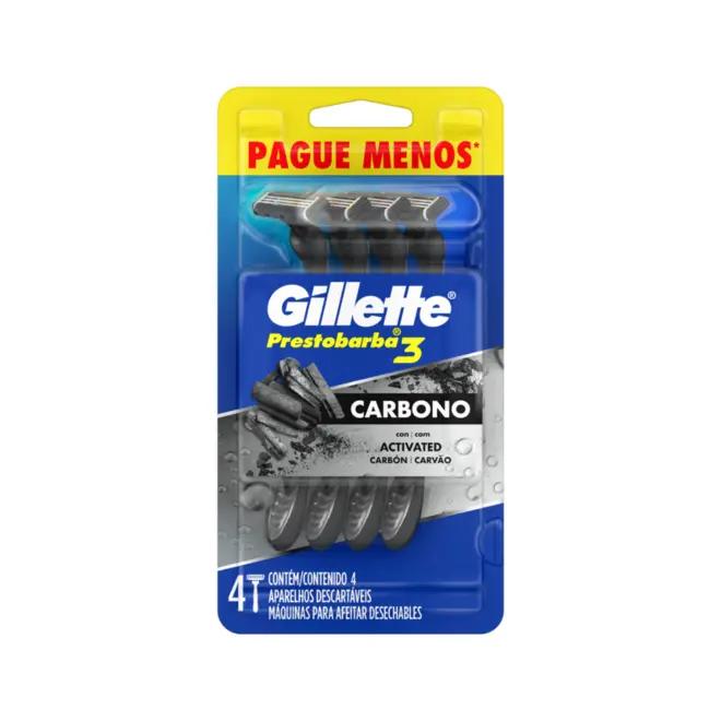APARELHO GILLETTE PRESTOBARBA3 CARVAO ATIVADO C/4