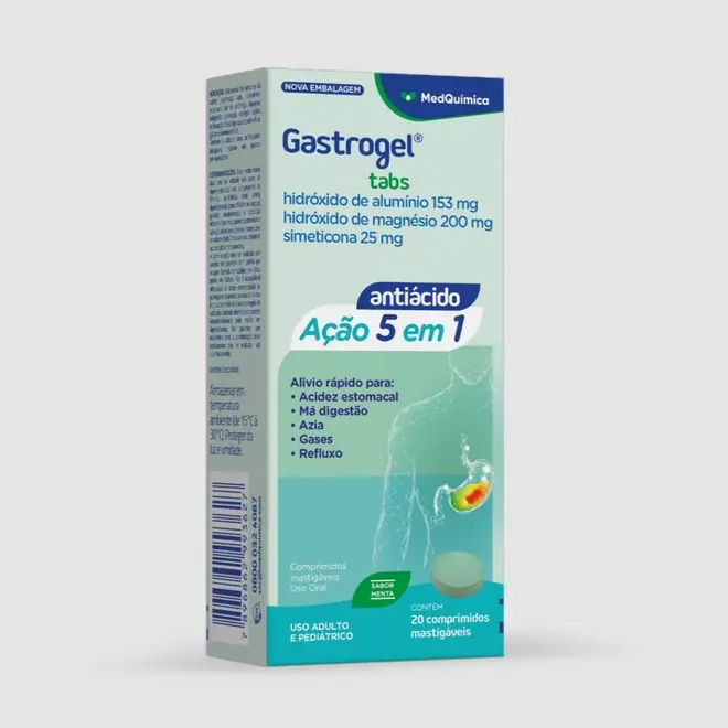 Gastrogel Hidróxido de Alumínio 200mg + Hidróxido de Magnésio 200mg + Simeticona 30mg 20 comprimidos mastigáveis