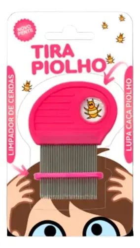 PENTE DE ACO TIRA PIOLHO COM LUPA E LIMPA CERDAS ROSA 3B